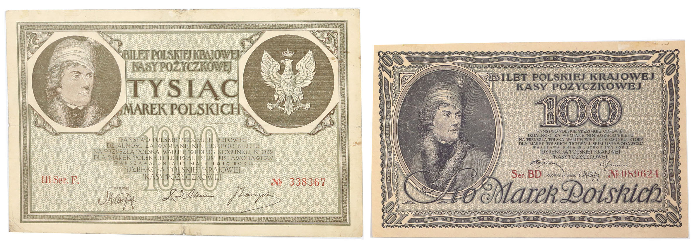 100, 1.000 marek polskich 1919, zestaw 2 banknotów